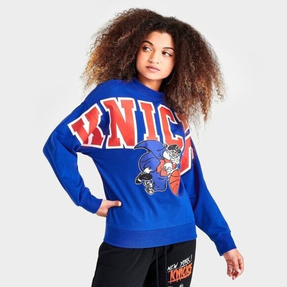 Mitchell & Ness Womens Knicks Hardwood Classics Blue Crewneck Sweatshirt NBA Gra - Picture 1 of 7